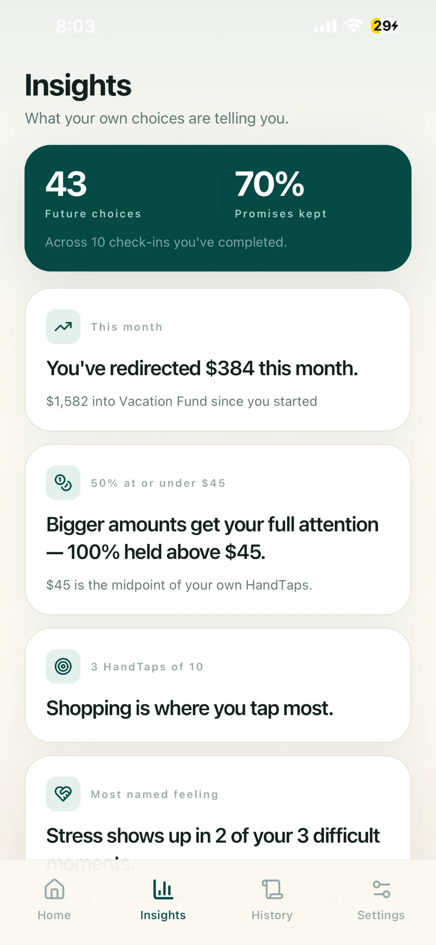 HandTap insights screen showing patterns across past choices